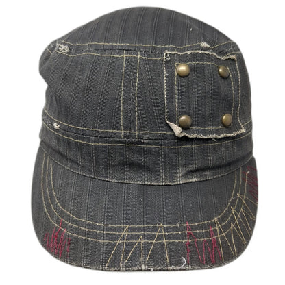 Army Cap Gray OSFM Herringbone Distressed Frayed Studs Red Gold Stitching Hat