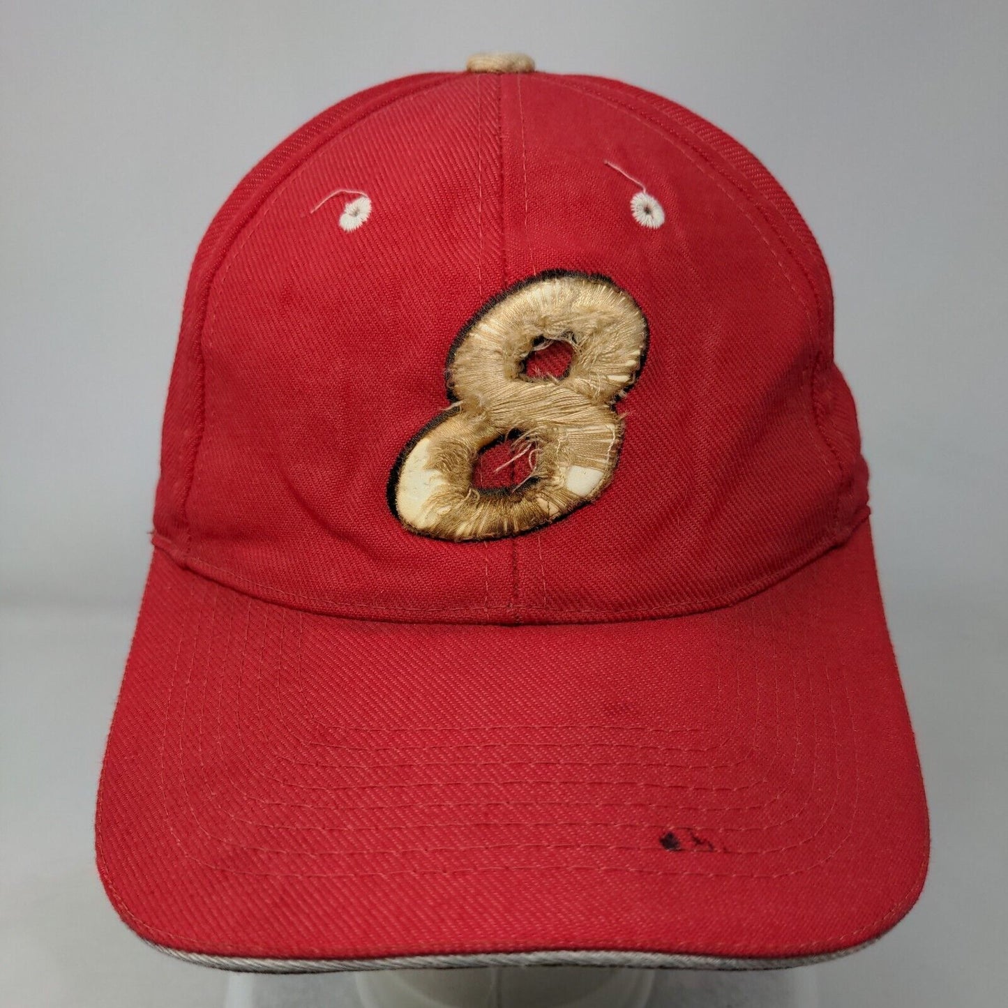 8 Strapback Hat Red One Size Adjustable Embroidered Vented Holes 6 Panel