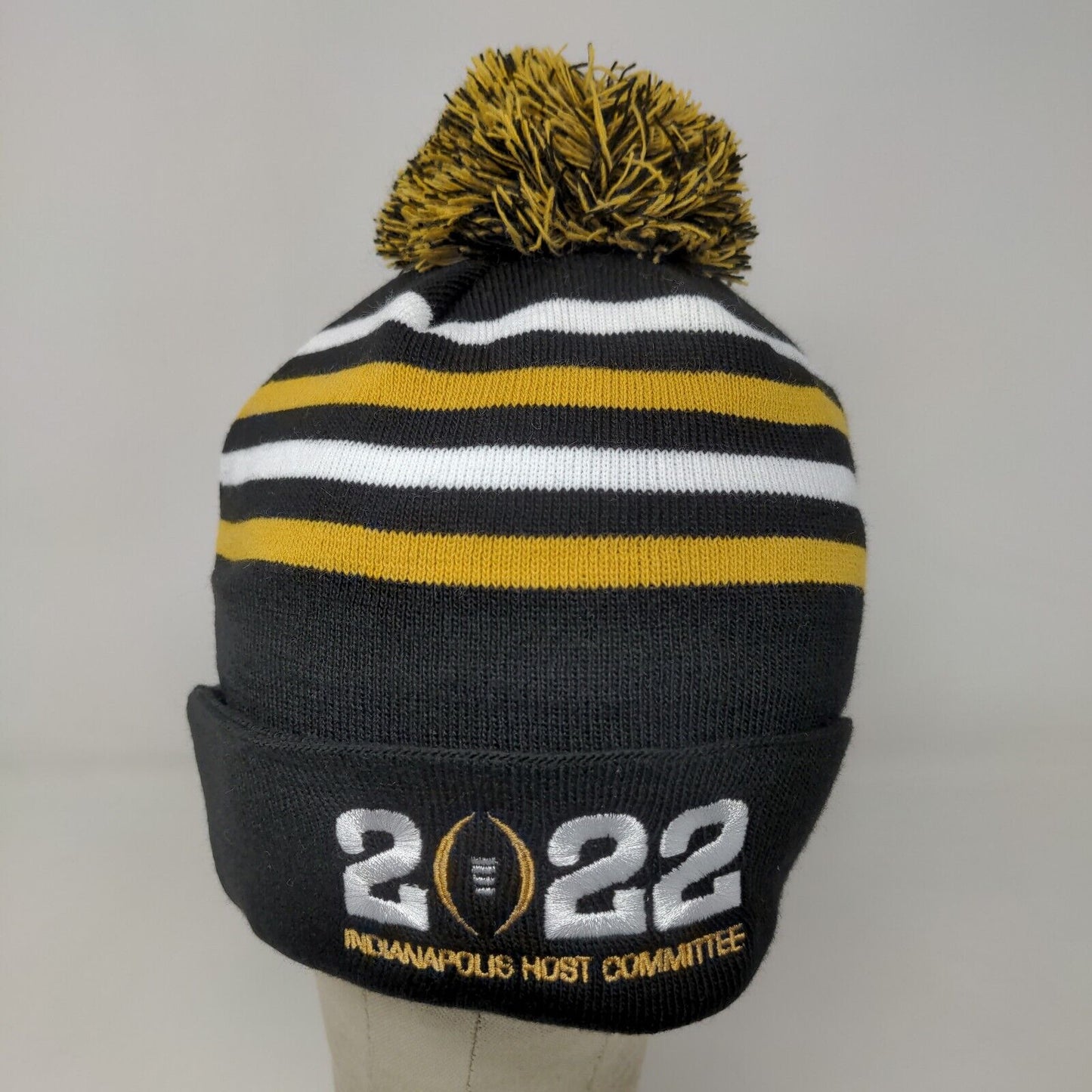 Men's Knit Beanie Hat Black Gold Striped  2022 Indianapolis Host Committee