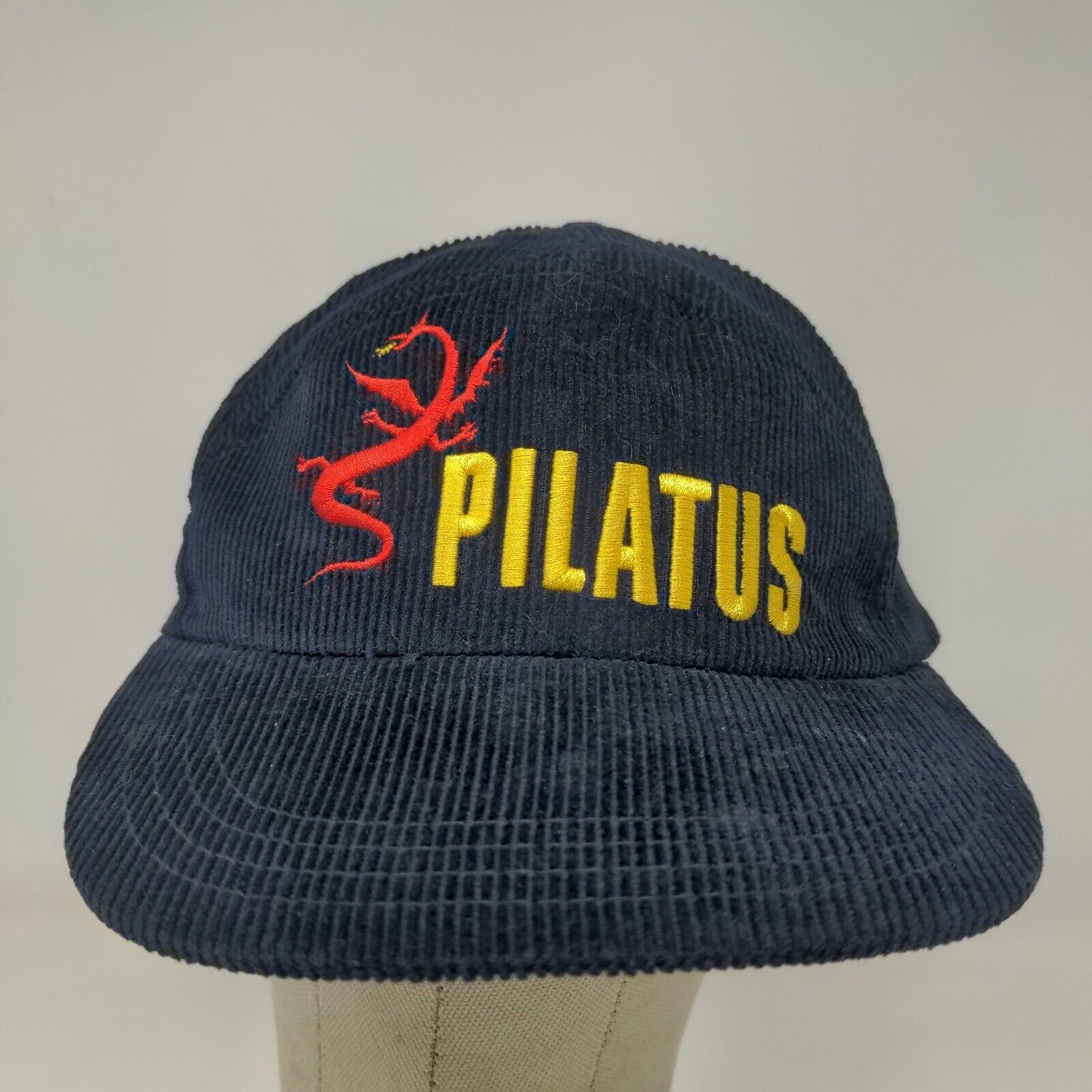 Pilatus Men's Strapback Hat Blue Corduroy Adjustable Embroidered Dragon Logo