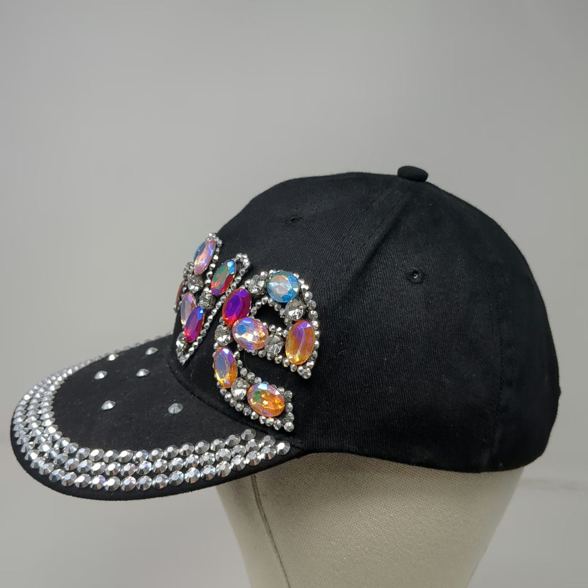 Baseball Cap Black One Size Rhinestone LOVE Gem Brim Strapback Bling Jewels hat