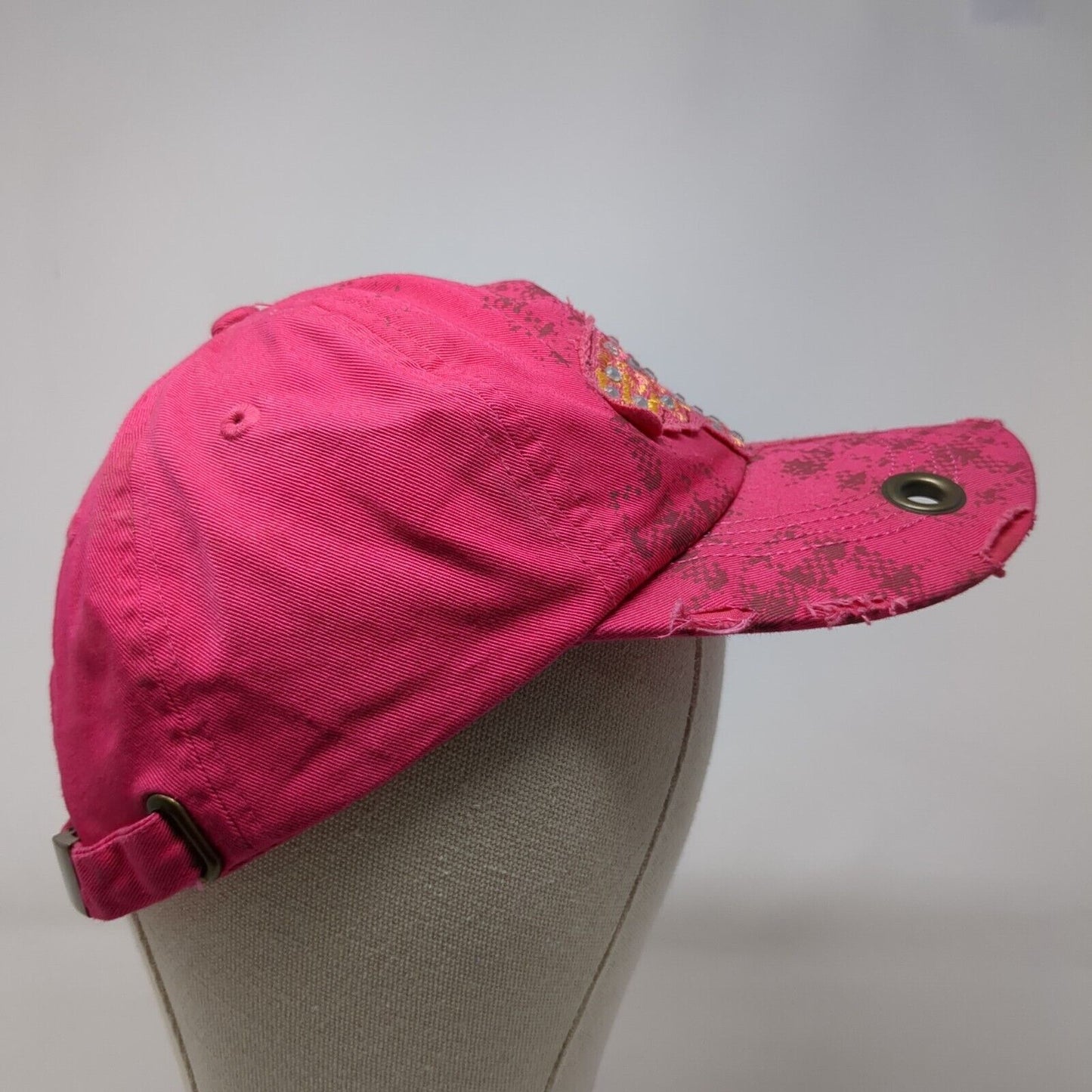 Butterfly Rhinestone Bling Slideback Hat Pink One Size Adjustable Distressed