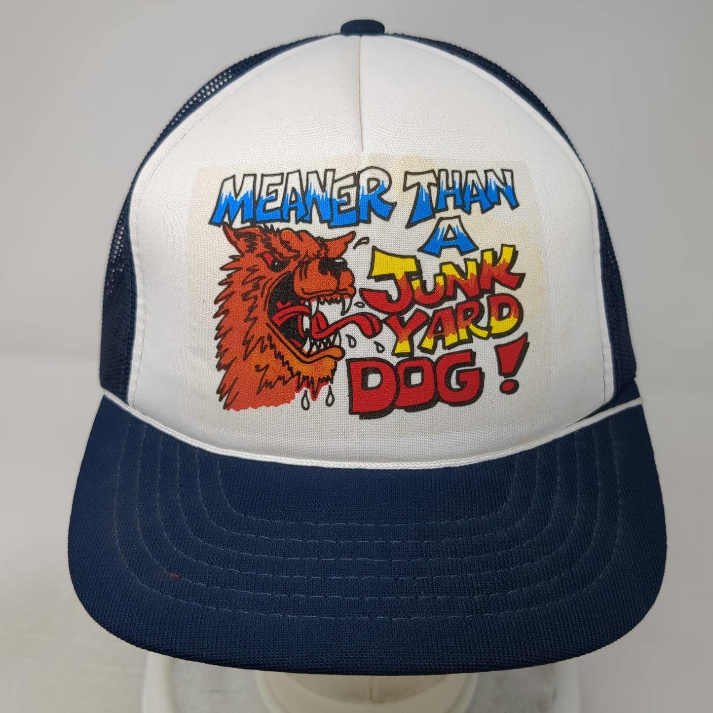 Trucker Hat Blue Meaner Than A Junk Yard Dog Mesh Back Snapback Vintage