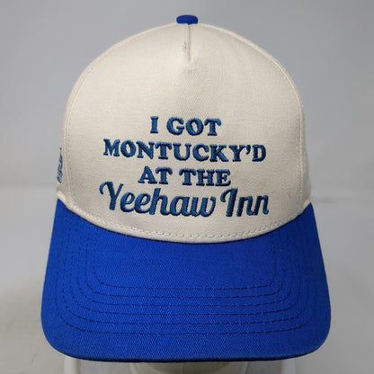 White Blue 5 Panel Hat One Size Montucky Cold Snacks Yeehaw Inn Snapback Beer