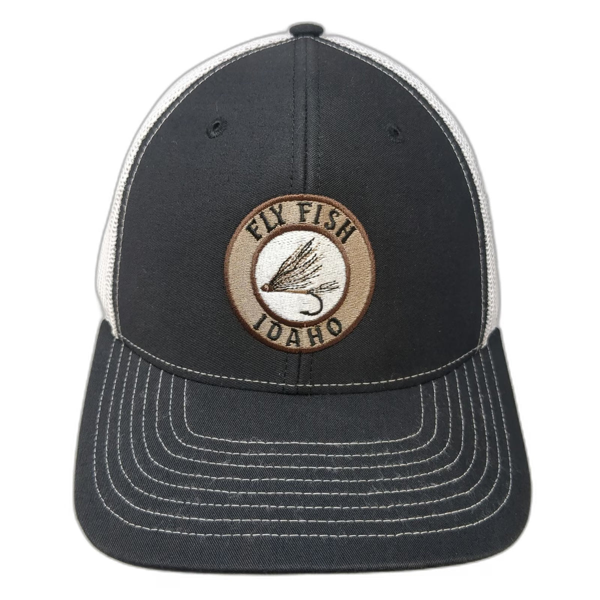 Richardson Trucker Hat Black White One Size Fly Fish Idaho Patch Mesh Snapback