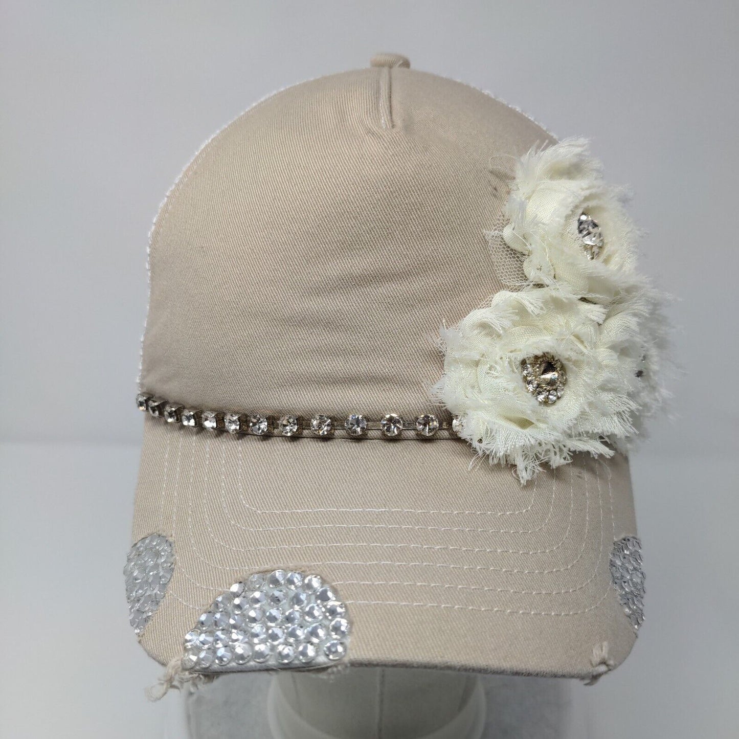 Time Two Change Snapback Trucker Hat Tan OSFA Mesh Back Flower Rhinestone