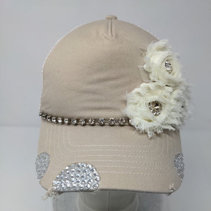 Time Two Change Snapback Trucker Hat Tan OSFA Mesh Back Flower Rhinestone