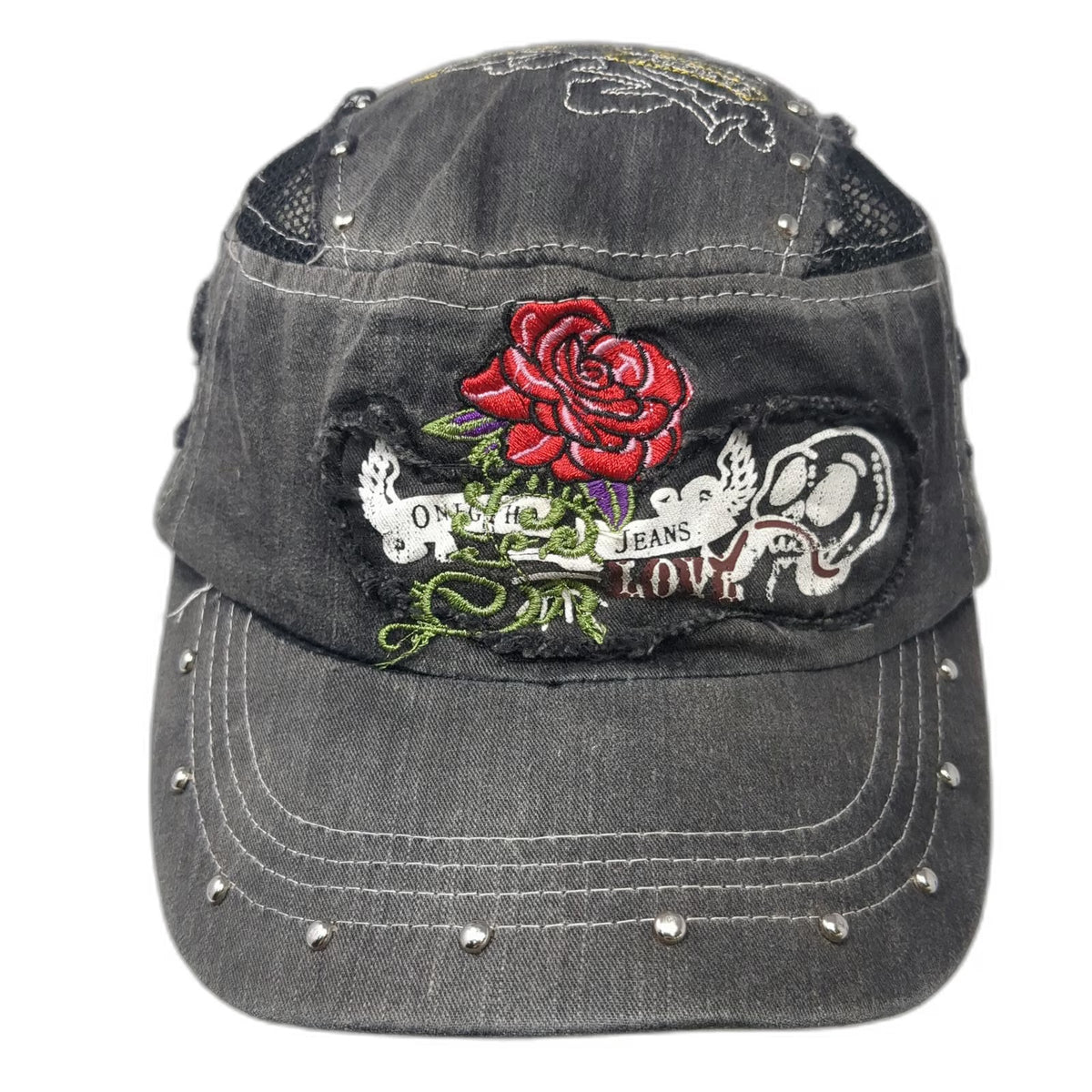 One Hand Jeans Army Cap Gray One Size Hat Mesh Distressed Rose Skull Slideback