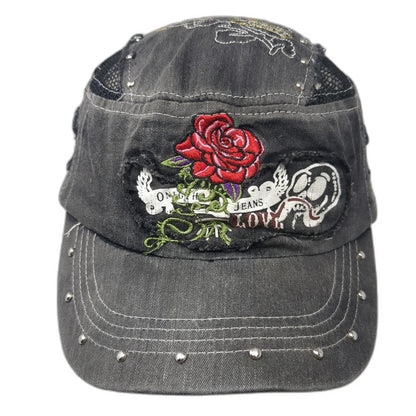 One Hand Jeans Army Cap Gray One Size Hat Mesh Distressed Rose Skull Slideback