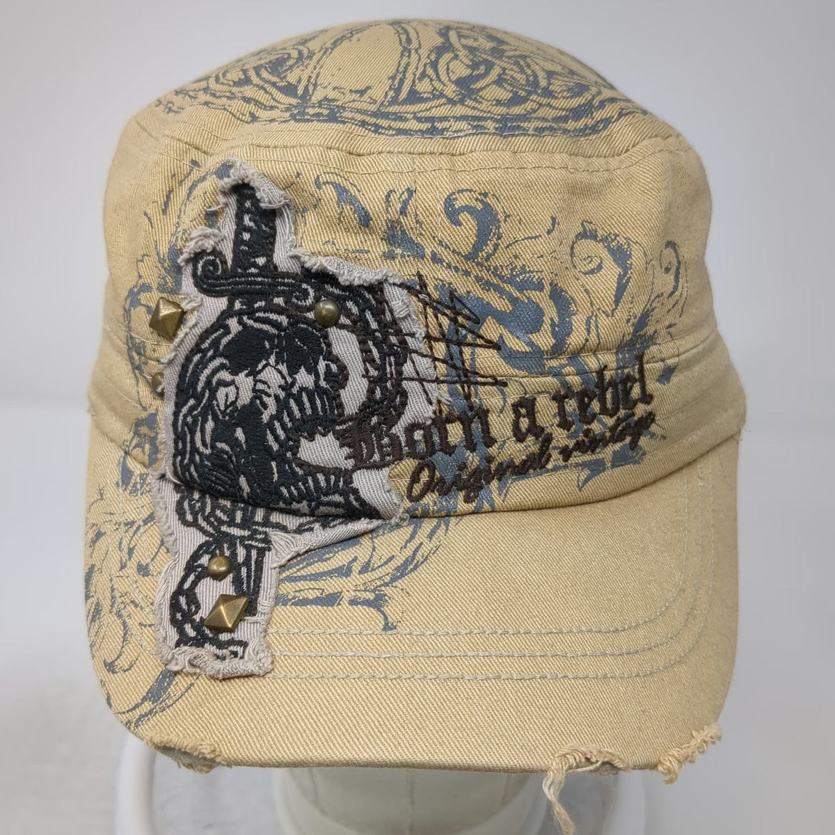 Leader Army Cap Beige One Size Skull Rebel Distressed Studded Ornate Cotton Hat