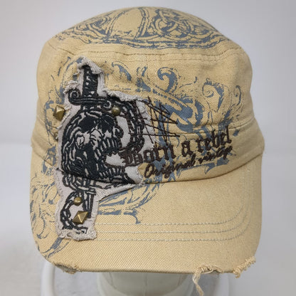 Leader Army Cap Beige One Size Skull Rebel Distressed Studded Ornate Cotton Hat