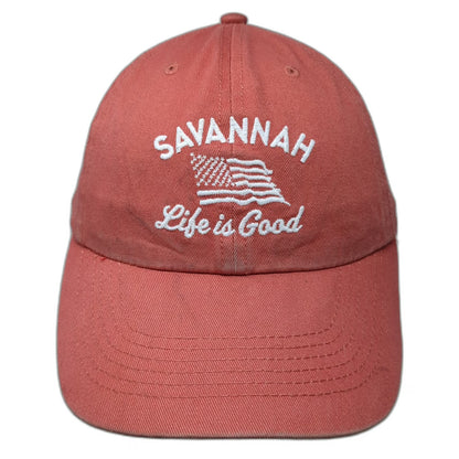 Life is Good Baseball Cap Pink One Size Savannah Georgia USA Flag Slideback Hat