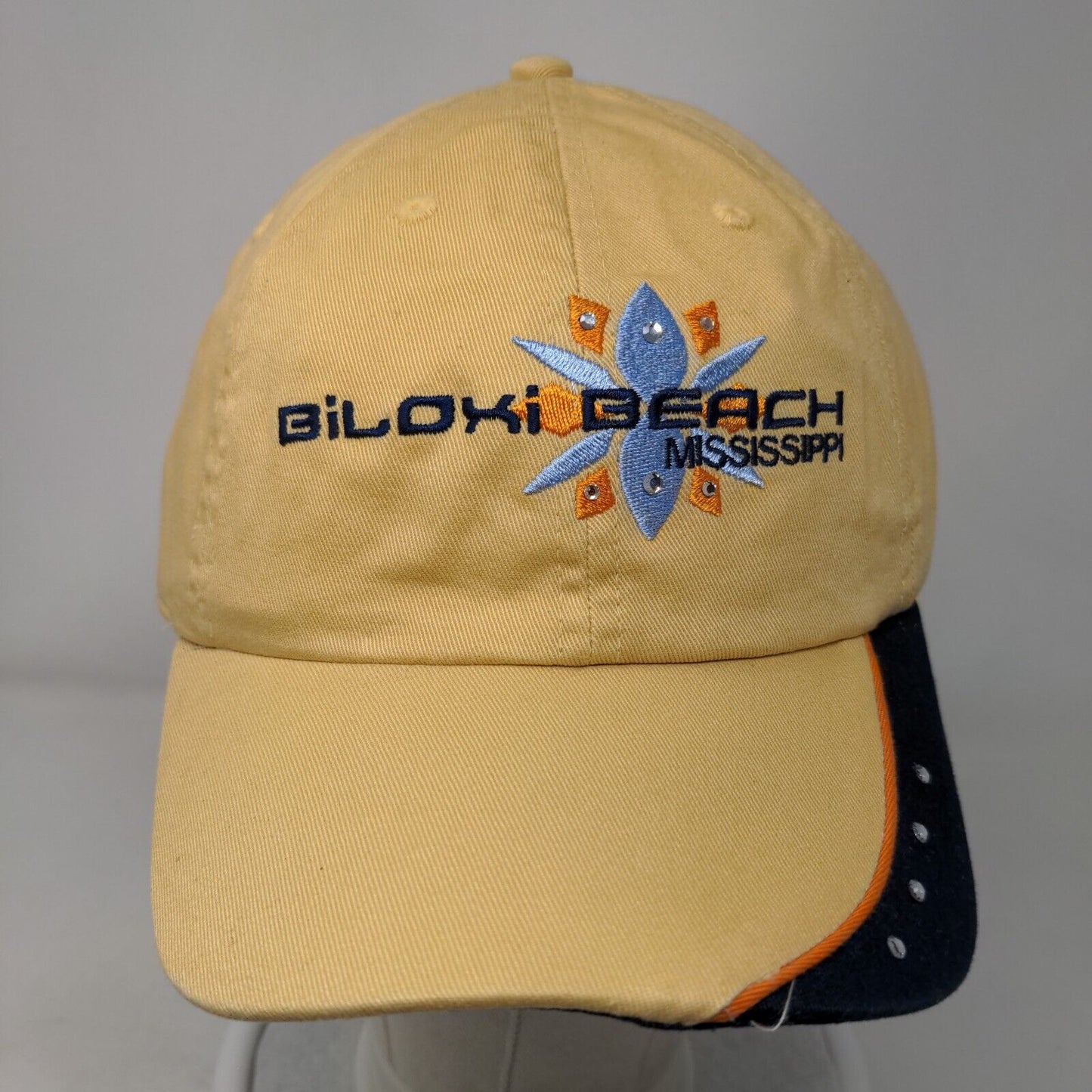 Biloxi Beach Mississippi Strapback Hat Tanish-Yellow Embroidered Bling