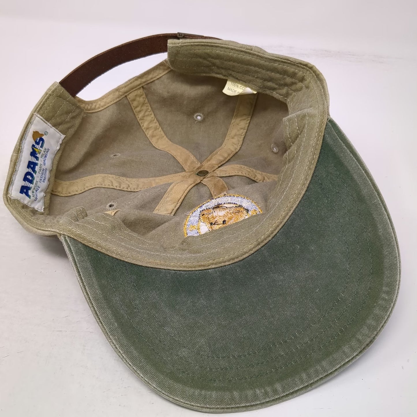 Adams Baseball Cap Beige Green Leather Strap Vermont Teddy Bear Hat Vintage