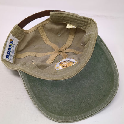 Adams Baseball Cap Beige Green Leather Strap Vermont Teddy Bear Hat Vintage