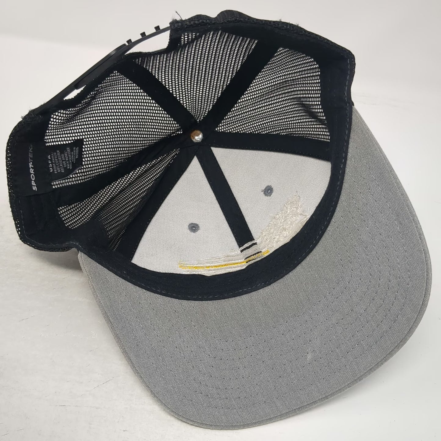Sport-Tek Trucker Hat Gray One Size Mesh Snapback Thin Yellow Line American Flag