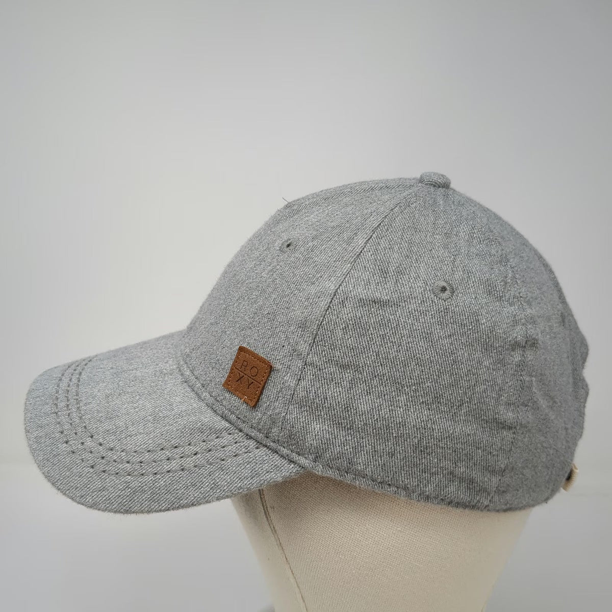 Roxy 5 Panel Hat Gray One Size Leather Logo Patch Strapback Surf Beach Sport