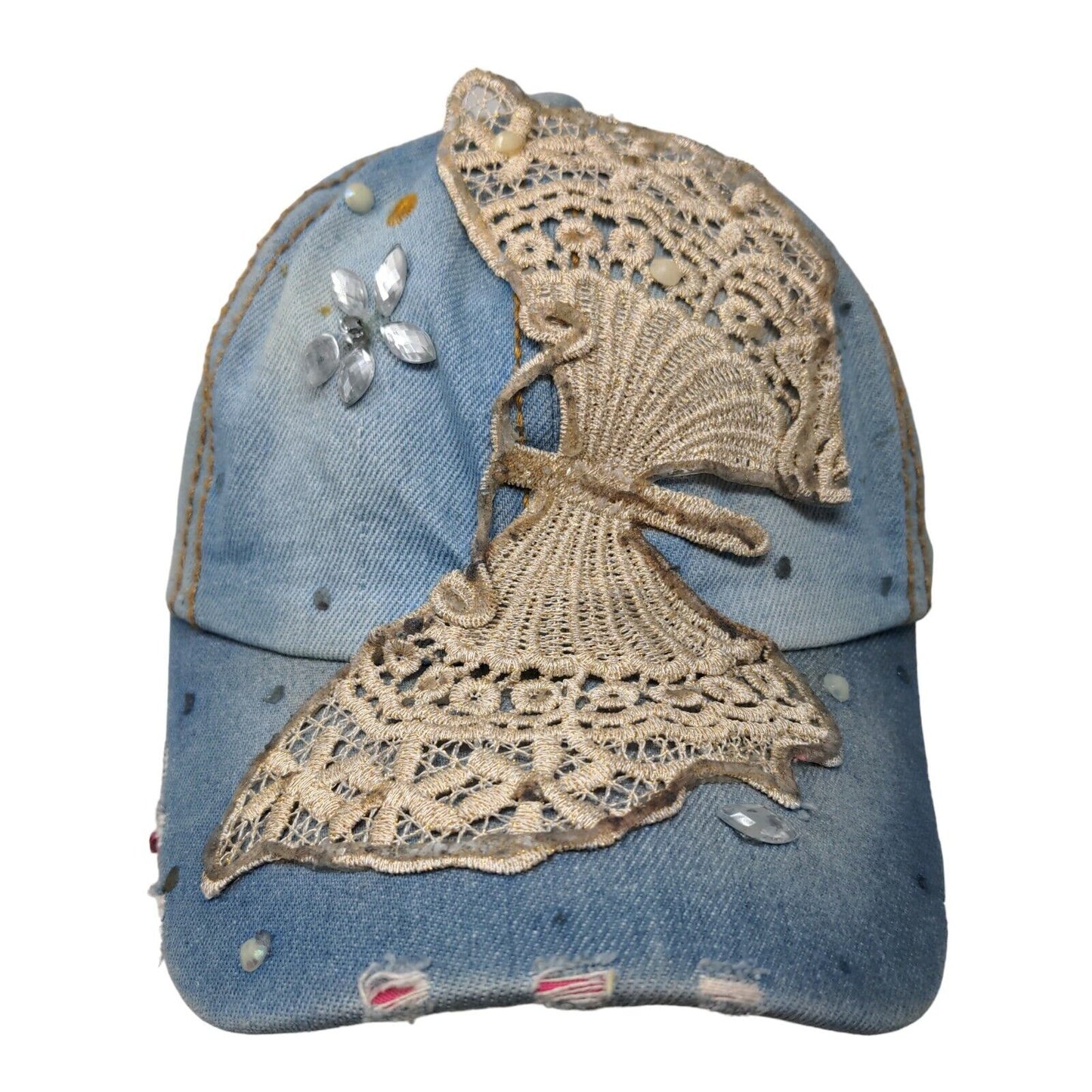 Butterfly Slideback Hat Blue One Size Lace Trim Beaded 6 Panel Distressed