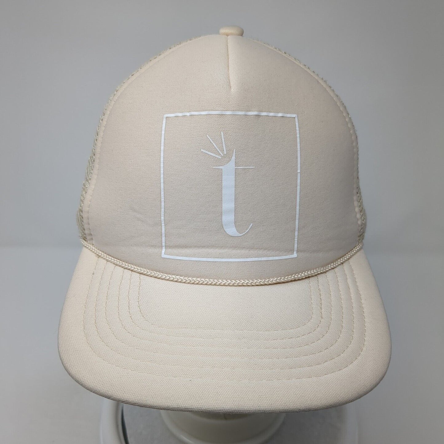 Letter T Logo Snapback Rope Trucker Hat Tan One Size Mesh Back Cameo