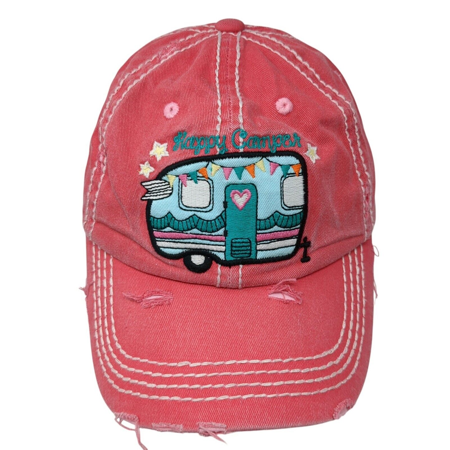 Happy Camper Strapback Hat Pink One Size Adjustable Distressed KB ETHOS Vintage