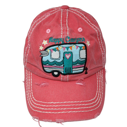 Happy Camper Strapback Hat Pink One Size Adjustable Distressed KB ETHOS Vintage