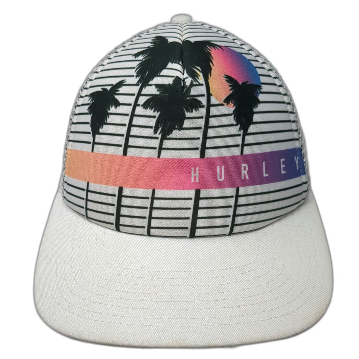 Hurley Trucker Hat White One Size Palm Tree Sunset Graphic Mesh Snapback Beach