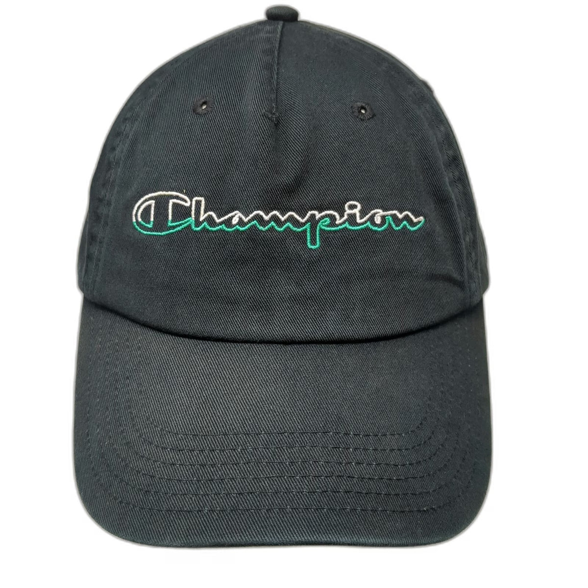 Champion 5 Panel Hat Black One Size Cotton Script Logo Slideback Strapback
