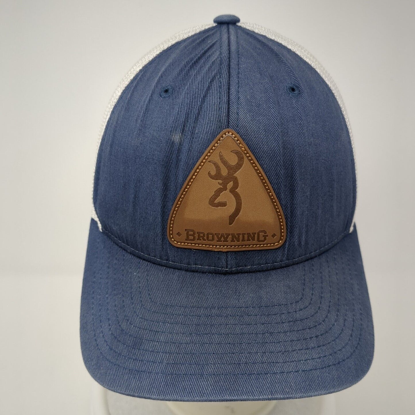 Browning Snapback Trucker Hat Blue One Size Adjustable Leather Patch Mesh Back