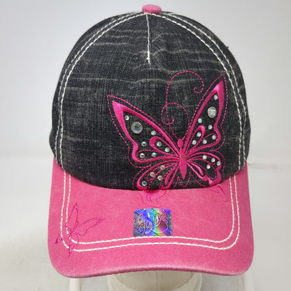 Pit Bull 5 Panel Black Pink Hat Butterfly Embroidery Rhinestones One Size Stitch