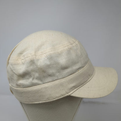 Beige Army Cap One Size Hat Flower Gold Zipper Trim Accent Cadet Elastic Back