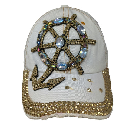 White Baseball Cap One Size Nautical Anchor Ship Wheel Studded Rhinestone Hat