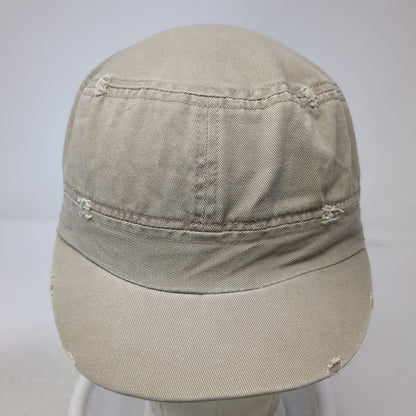 Army Cap Beige One Size Distressed Cadet Style Flat Top Frayed Edge Cotton Hat
