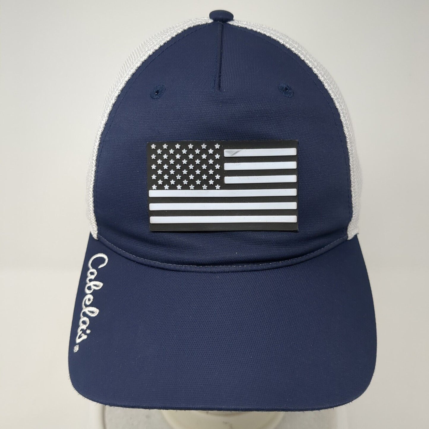 USA Flag Cabela's Snapback Trucker Hat Blue OS Adjustable Patriotic Mesh Back