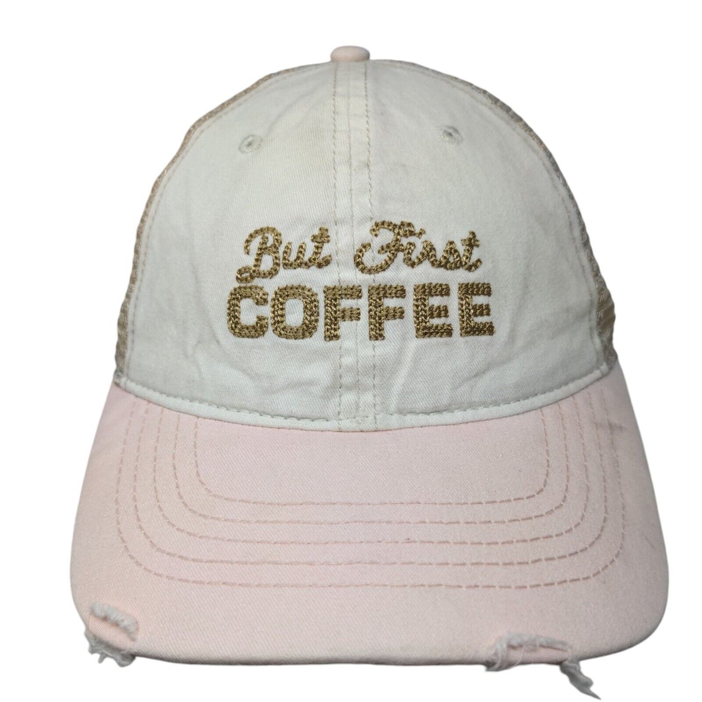 But First Coffee Slideback Hat White OSFM Adjustable Mesh Back Distressed