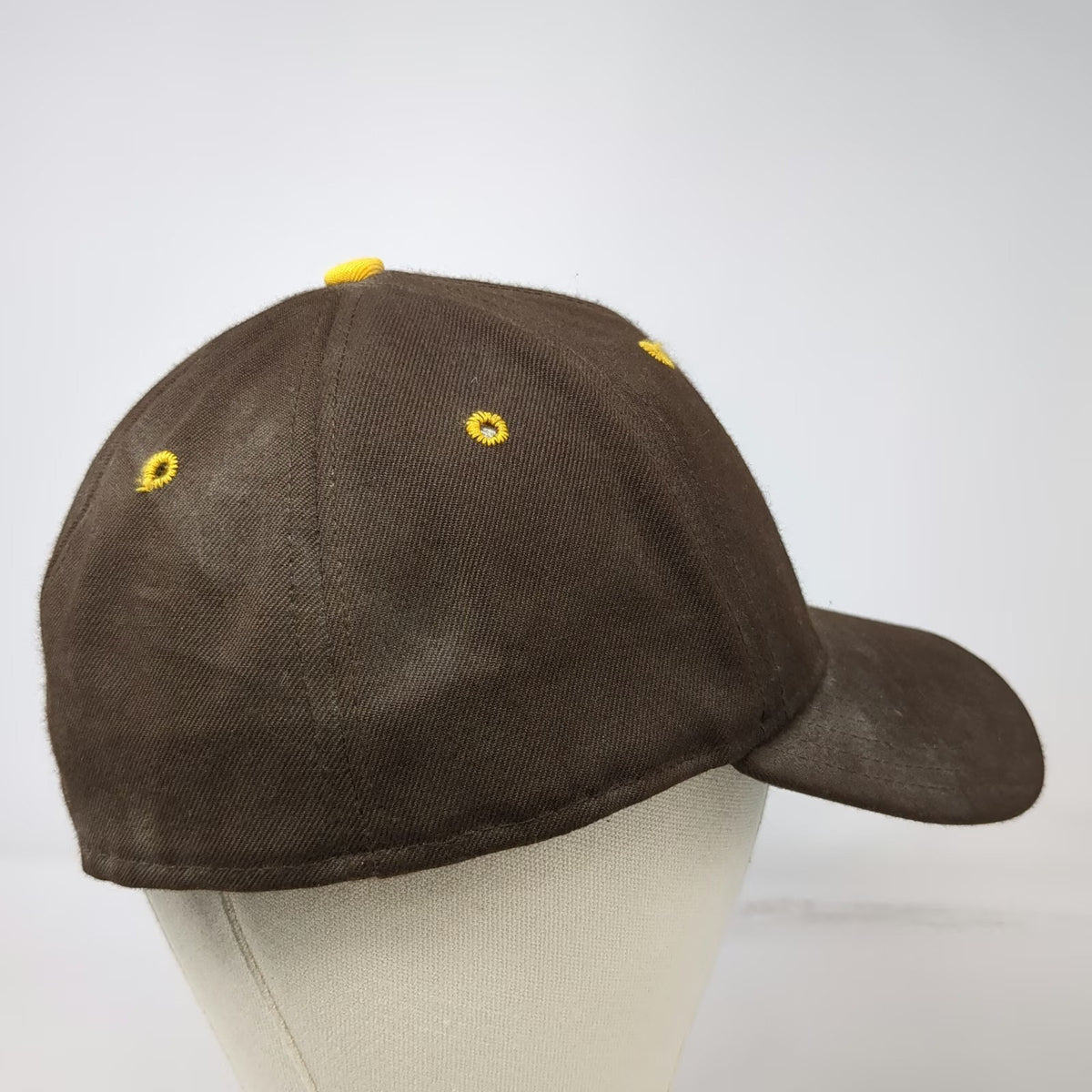 DeLONG Baseball Cap Brown Yellow White 7 1/2 Fitted Made in USA Letter V Hat