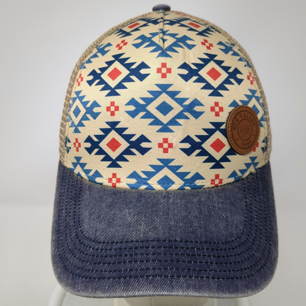 Legacy Trucker Hat Beige One Size Sun Valley Idaho Leather Patch Mesh Snapback