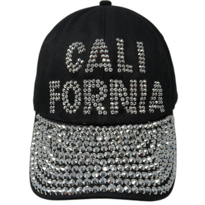 Black Baseball Cap One Size Rhinestone California Studded Brim Hat Strapback