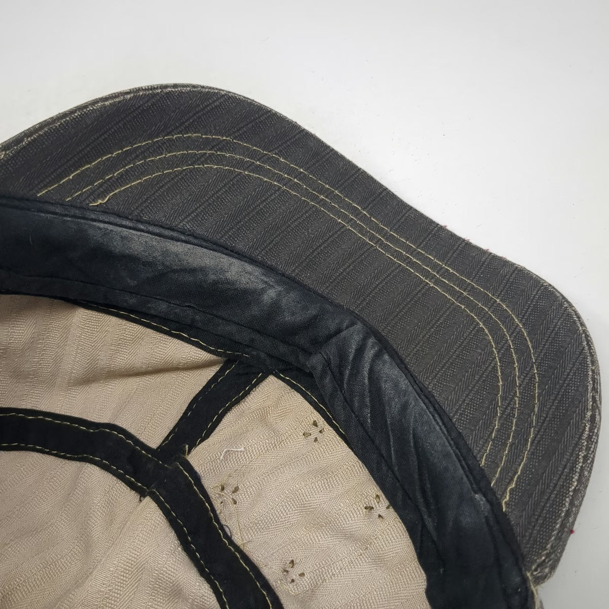 Army Cap Gray OSFM Herringbone Distressed Frayed Studs Red Gold Stitching Hat