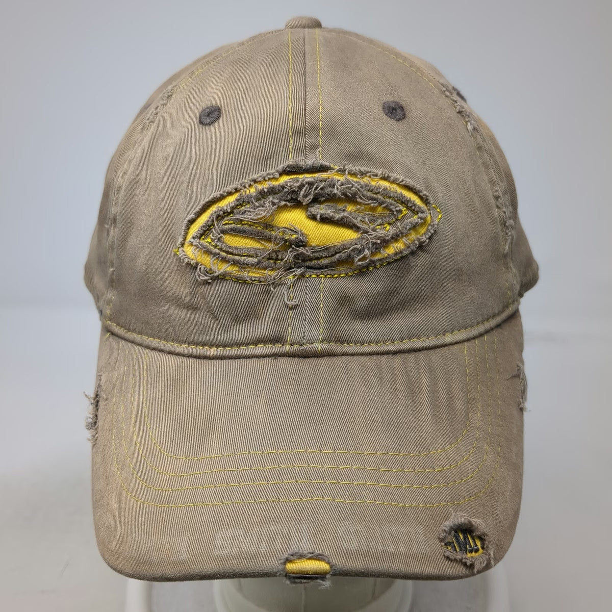 Smith Baseball Cap Brown XL Distressed Yellow Stitching Stretch Fit Logo Hat
