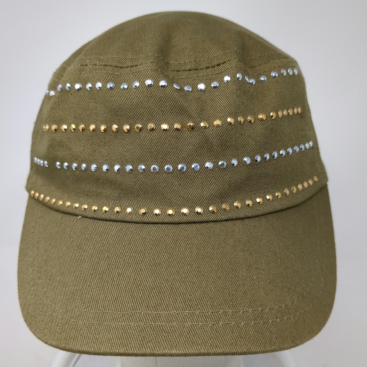 Pugs Army Cap Green One Size Studded Rhinestones Strapback Adjustable Cotton Hat