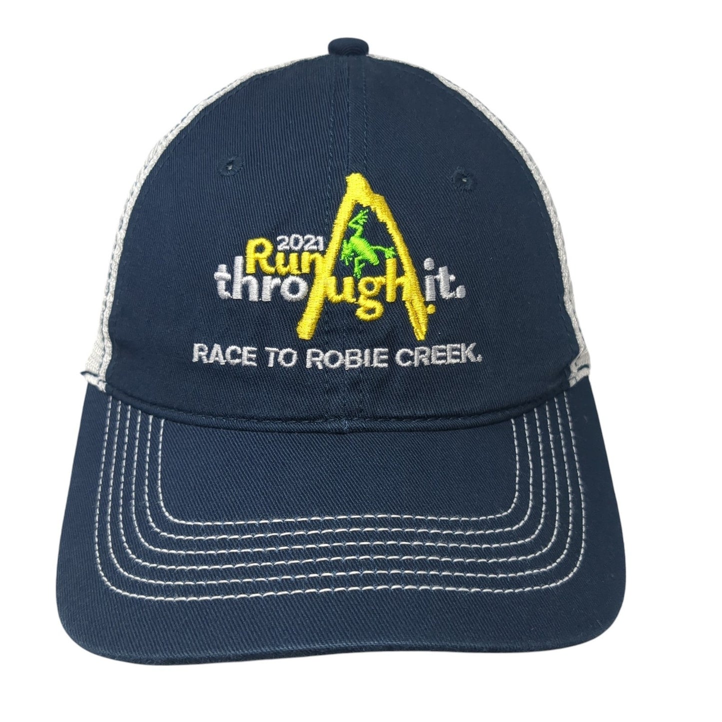 2021 Run Through It Strapback Trucker Hat Blue One Size Race To Robie Creek