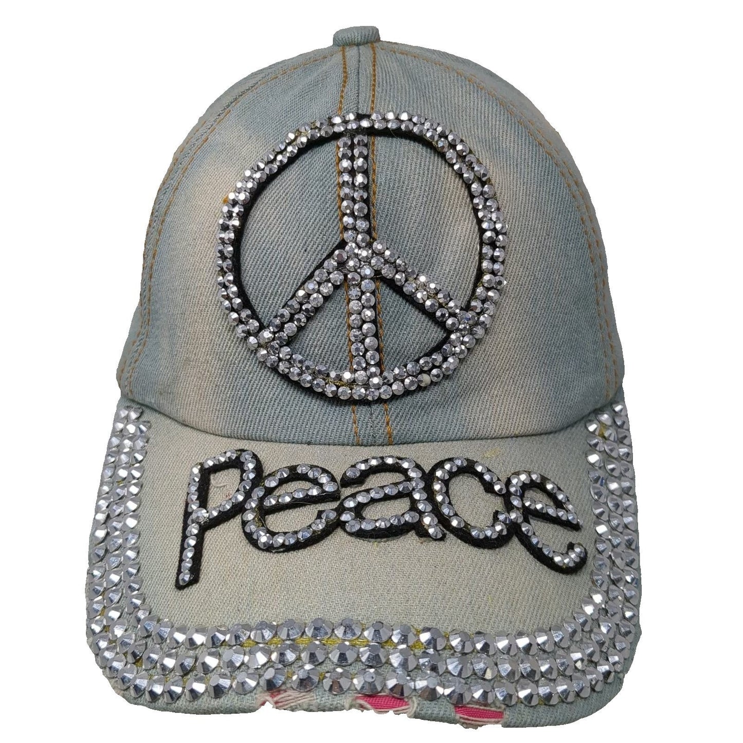 Baseball Cap Blue One Size Studded Rhinestone Peace Sign Denim Slideback Hat