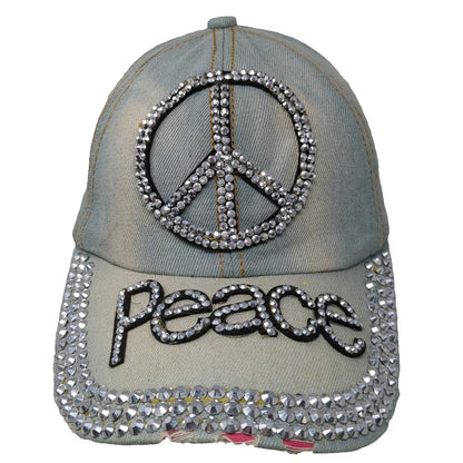 Baseball Cap Blue One Size Studded Rhinestone Peace Sign Denim Slideback Hat