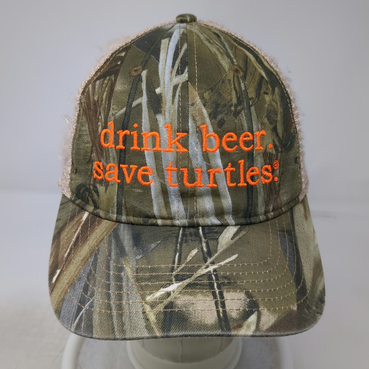 Pacific Headwear Trucker Hat Green One Size Camo Drink Beer Save Turtles Hat