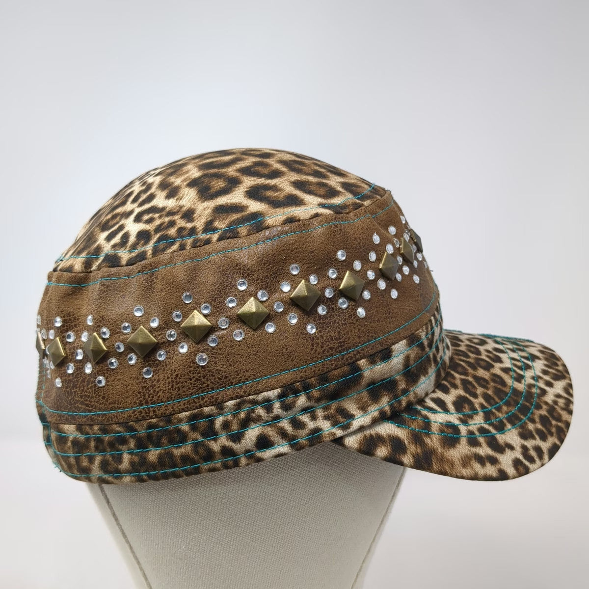 Way West Army Cap Brown One Size Leopard Print Stud Rhinestone Contrast Hat