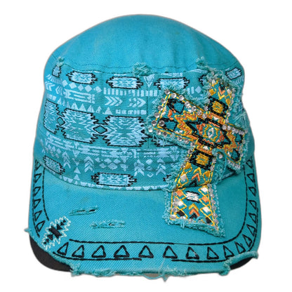 Kbethos Army Cap Blue OS Cross Patch Rhinestones Tribal Embroidery Strapback hat