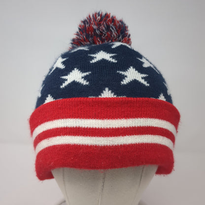 American Flag Beanie Hat Multicolor One Size Stretch Knitted Patriotic Pom Pom