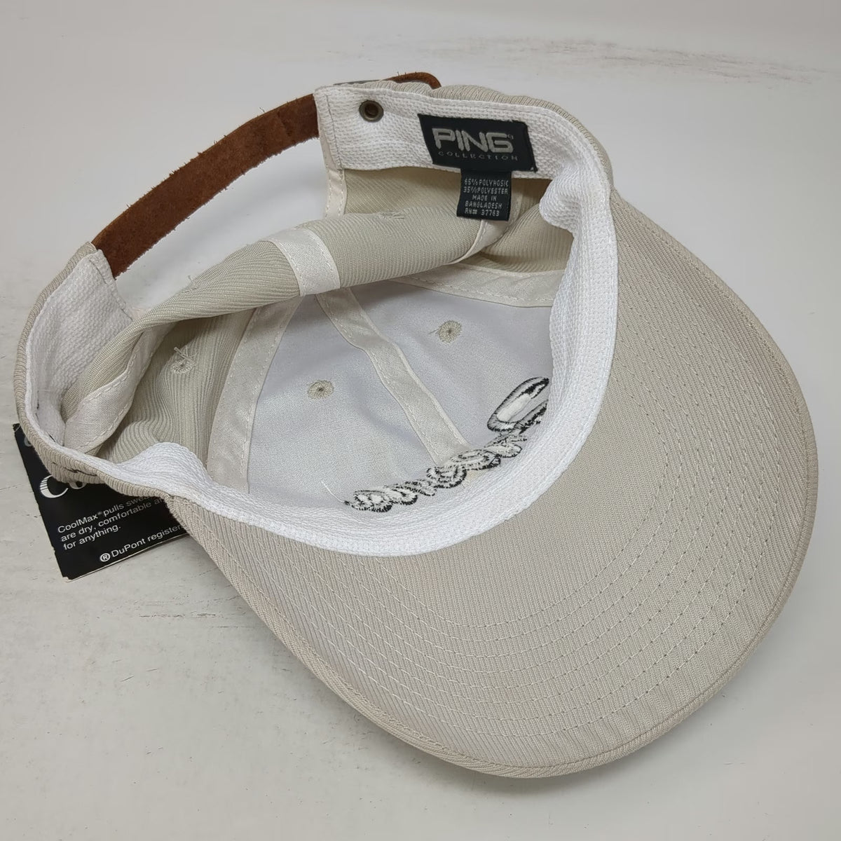 Ping Baseball Cap Beige Fresno Leather Strap CoolMax Script Logo Hat W/Tags