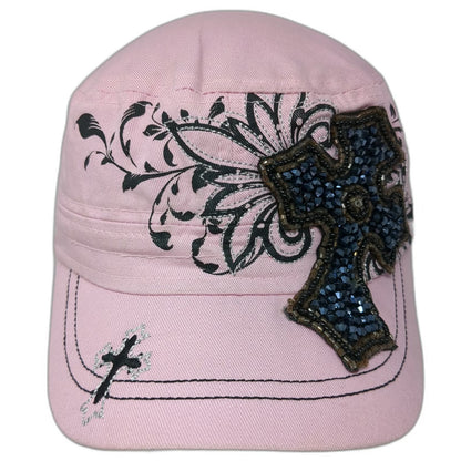 Kbethos Army Cap Pink One Size Beaded Cross Floral Glitter Cotton Adjustable Hat