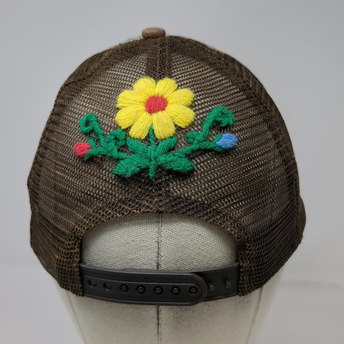 Brown Trucker Hat One Size Floral Embroidery Mesh Snapback Flower Burlap Style